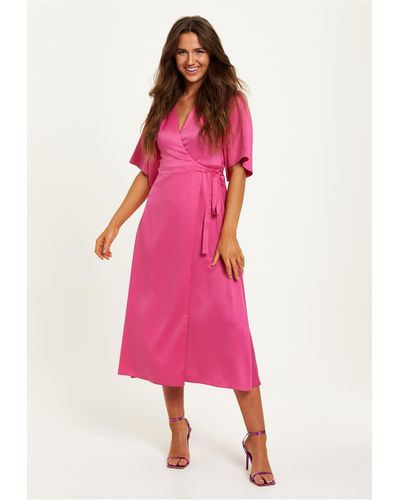 Liquorish Midi Wrap Dress With Kimono Sleeves - Pink