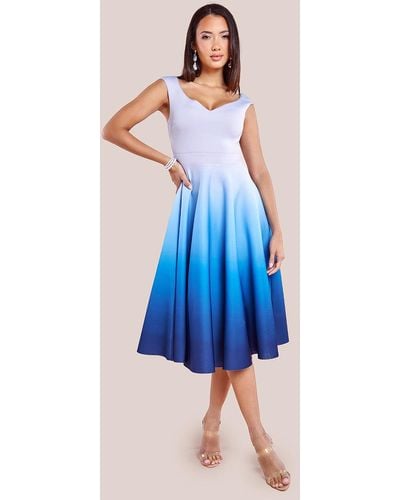 Goddiva Ombre Scuba Foam Bardot A-Line Midi Dress - Blue