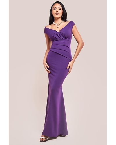 Goddiva Bardot Pleated Maxi Dress - Purple