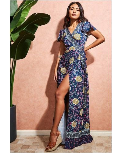 Goddiva Floral Print Maxi With Flutter Sleeves - Blue