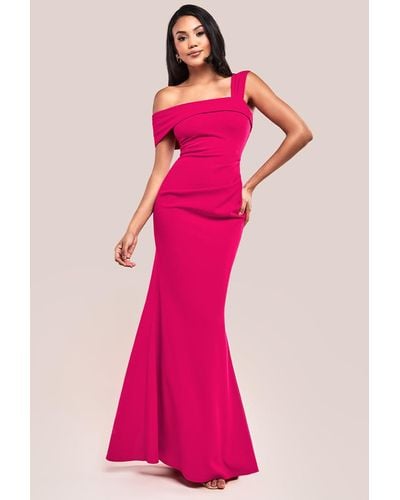 Goddiva Off The Shoulder Pleated Waist Maxi Dress - Pink