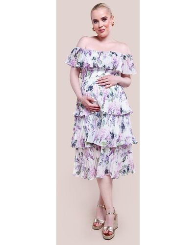 Goddiva Maternity Shirred Chiffon Floral Bardot Midi Dress - Pink