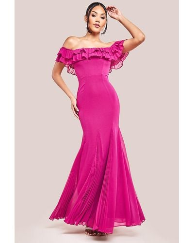 Goddiva Frilled Off The Shoulder Pleated Chiffon Maxi Dress - Pink