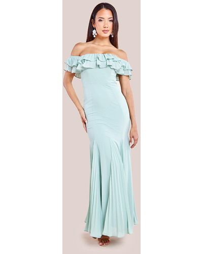 Goddiva Frilled Off The Shoulder Pleated Chiffon Maxi Dress - Blue