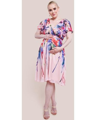 Goddiva Maternity Flutter Sleeve Floral Bodice Midi Dress - Pink