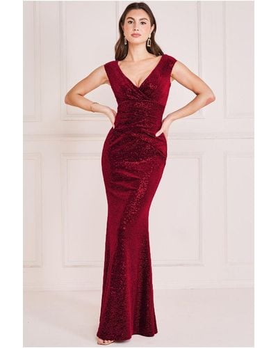 Goddiva Sequin & Velvet Bardot Maxi Dress - Red