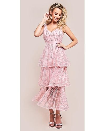 Goddiva Embroidered Mesh Tiered Midi Dress - Pink