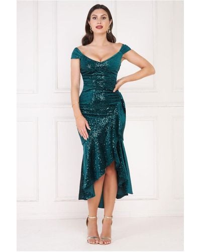 Goddiva Sequin & Velvet Bardot High Low Midaxi Dress - Blue