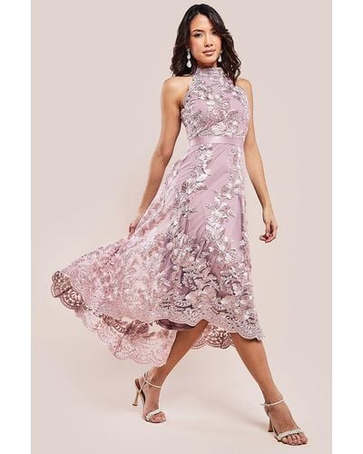 Goddiva Halter Neck Lace High And Low Dress - Pink