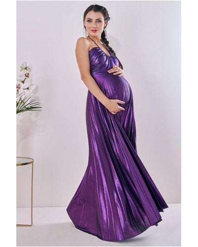 Goddiva Maternity Pleated Foil Tie Back Maxi - Purple