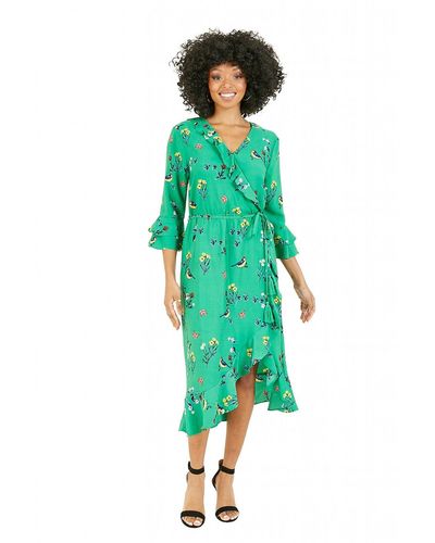 Yumi' Bird Print Wrap Dress - Green