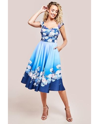 Goddiva Floral Printed Scuba Foam Skater Dress - Blue