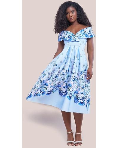 Goddiva Bardot Floral Print A-Line Scuba Foam Midi Dress - Blue