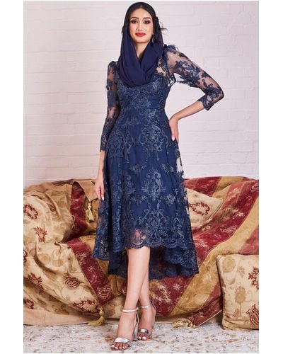 Goddiva Modesty Lace Dipped Hem Midi Dress - Blue