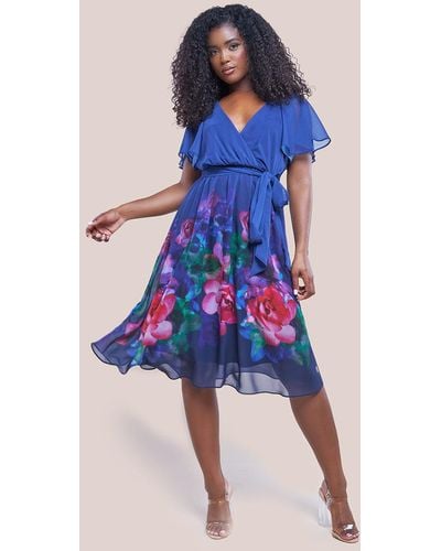 Goddiva Chiffon Floral Border Print Midi Dress - Blue