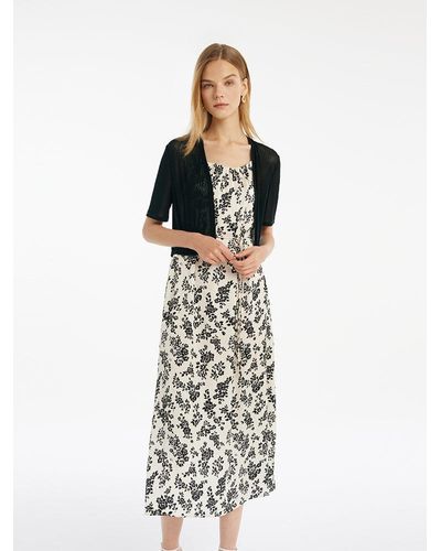 GOELIA Camellia Printed Spaghetti Strap Dress And Knitted Cardigan Two-Piece Set With Belt - White