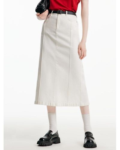 GOELIA Split Denim Long Skirt With Belt - White