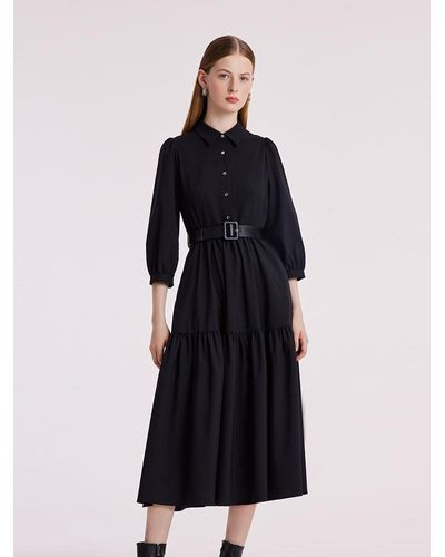GOELIA Machine Washable Silk And Woolen Collared Dress - Black
