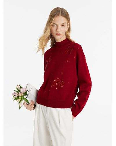 GOELIA Tencel Wool Blend Mock Neck Sequins Sweater - Red