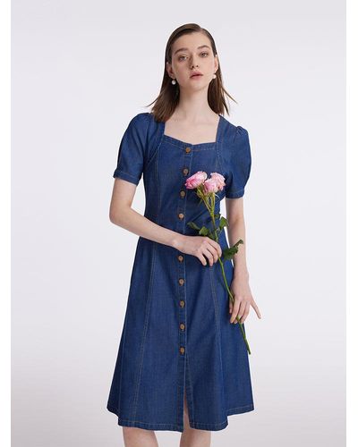GOELIA Denim Puff Sleeves Single-Breasted Midi Dress - Blue