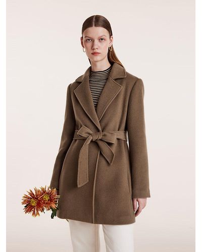 GOELIA Tencel Wool Notched Lapel Coat With Belt - Brown