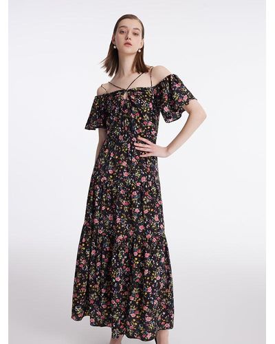 GOELIA 16 Momme Mulberry Silk Rose Printed Off Shoulder Maxi Dress - Black