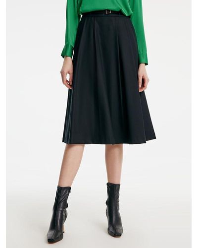 GOELIA Worsted Woolen A-Shaped Half Skirt With Leather Belt - Black