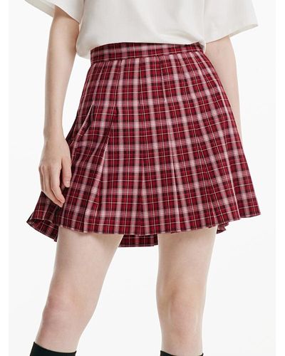 GOELIA Plaid Pleated Skirt - Red