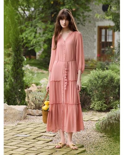 GOELIA 12 Momme Mulberry Silk Tiered Maxi Dress With Belt And Bottomed Spaghetti Strap Dress