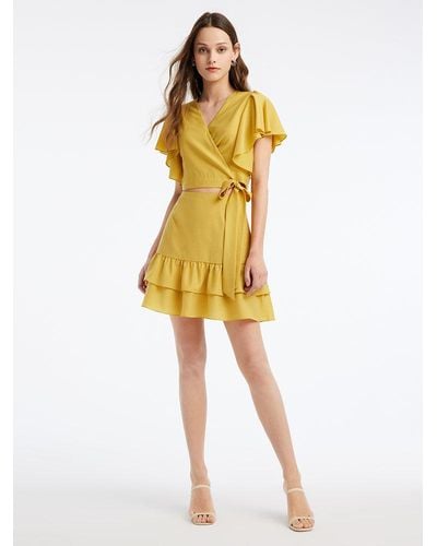 GOELIA Acetate Ruffle Sleeve Blouse And Skirt Two-Piece Set - Yellow
