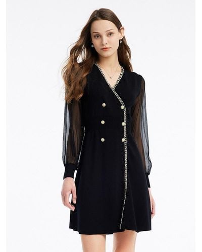 GOELIA Tulle Sleeve V-Neck Double-Breasted Mini Dress - Black