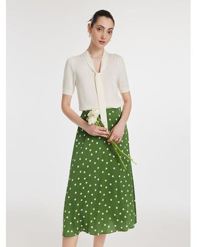 GOELIA Bow Tie Neck Knit Top And Mulberry Silk Polka Dots Printed Half Skirt Two-Piece Set - Green