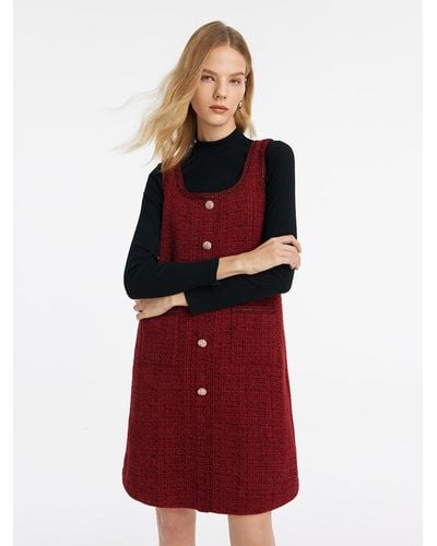 GOELIA Slim Sweater And Tweed Vest Dress Two-Piece Set - Red