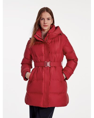 GOELIA Hooded Mid-Length Goose Down Garment With Belt - Red