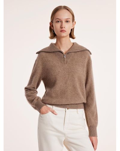 GOELIA Pure Cashmere Zippered Lapel Sweater - Natural