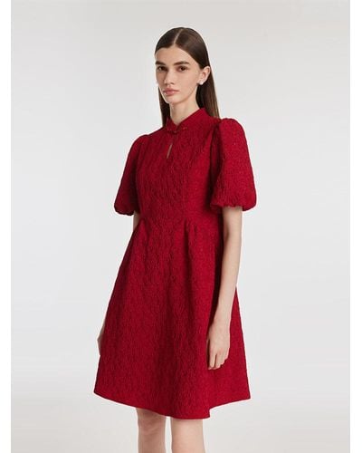 GOELIA Jacquard Puff Sleeves Qipao Mini Dress - Red