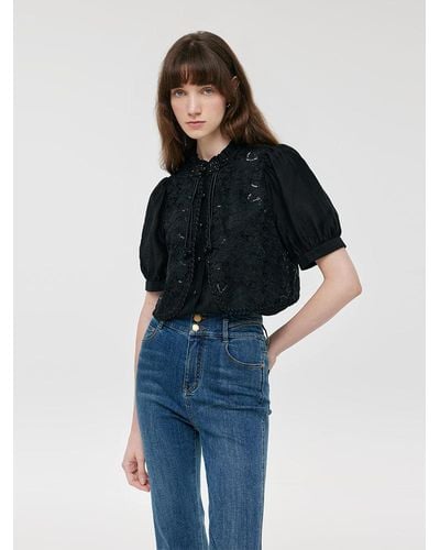 GOELIA New Chinese-Style Lace Sequins Patchwork Blouse - Blue
