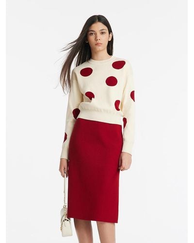 GOELIA Tencel Wool Polka Dot Sweater And Half Skirt Two-Piece Set - Red