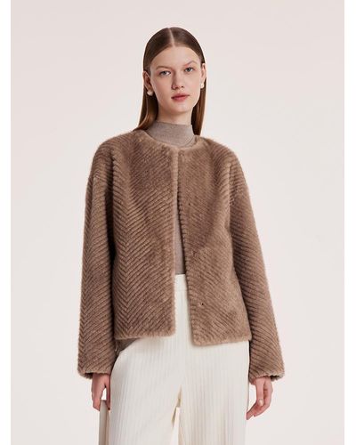 GOELIA Eco-Friendly Fur Short Round Neck Coat - Brown
