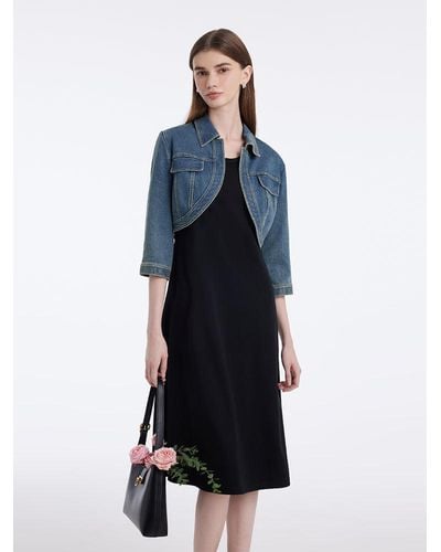 GOELIA Denim Crop Jacket And Knitted Vest Dress Two-Piece Set - Blue