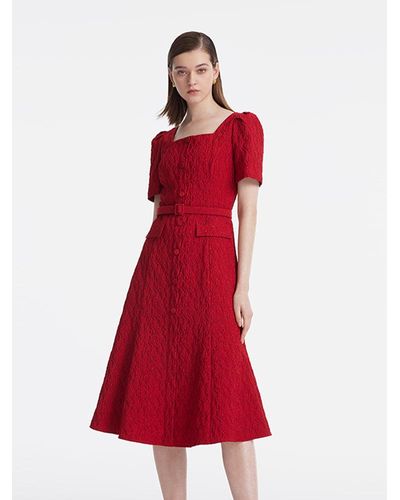 GOELIA Jacquard Square Neck Single-Breasted Midi Dress With Belt - Red