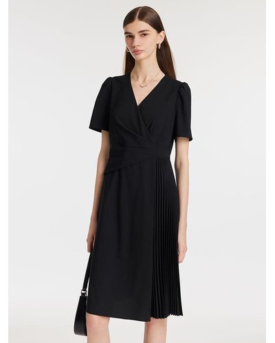 GOELIA V-Neck Patchwork Pleated Mini Dress - Black