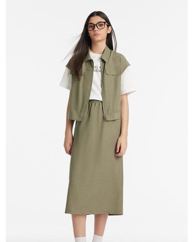 GOELIA Zippered Lapel Vest And Slit Half Skirt Two-Piece Set - Green