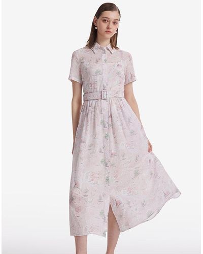 GOELIA Map Printed Midi Dress With Bottomed Dress And Belt - Pink