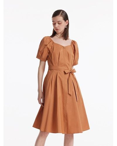GOELIA Puff Sleeves Square Neck Midi Dress With Belt - Brown