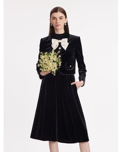 GOELIA Velvet Crop Jacket And Skirt Two-Piece Suit With Detachable Bowknot - Black