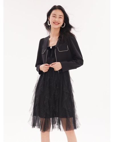GOELIA Jacket And Netted Gauze Dress Two-Piece Set - Black