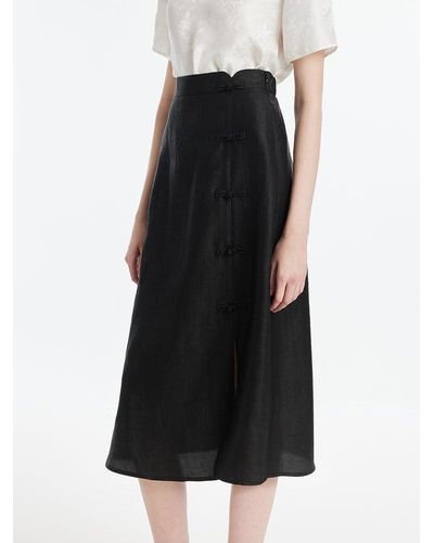 GOELIA Xiang Yun Silk New-Chinese Style Slit Skirt - Black