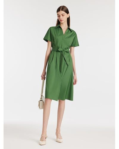 GOELIA Lapel V-Neck Midi Shirt Dress With Belt - Green