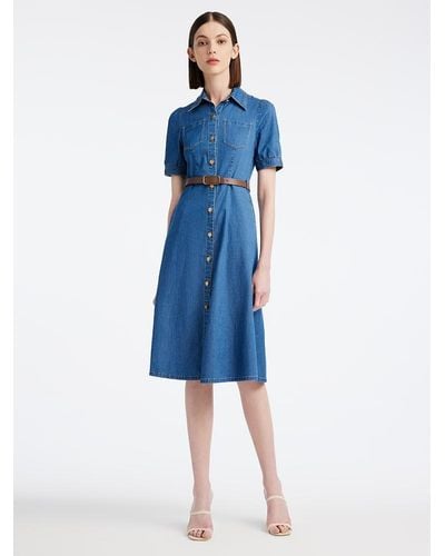 GOELIA Tencel Denim Shirt Midi Collared Dress With Belt - Blue